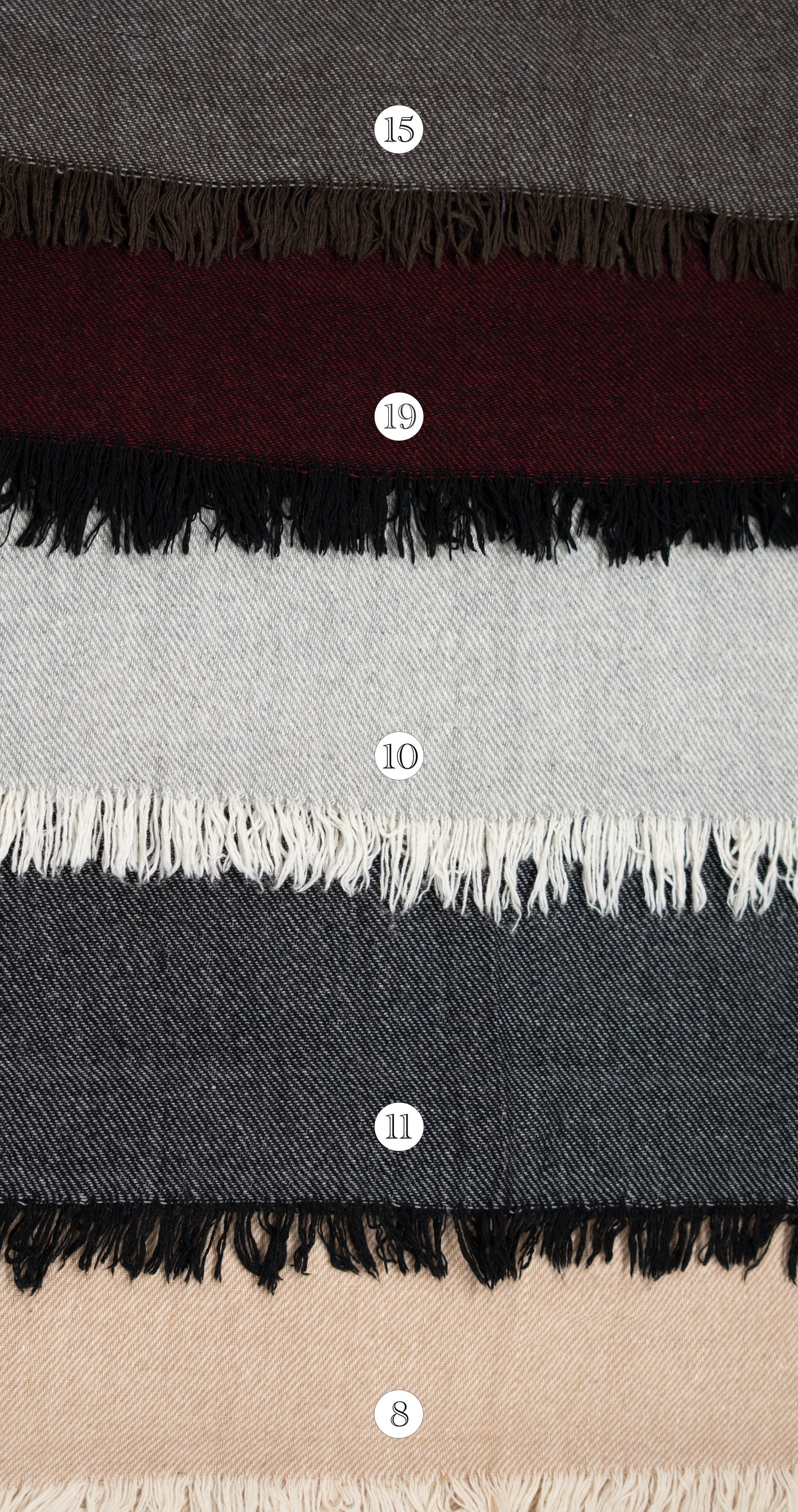 Available colour options for handwoven shawl in woven natural-look fabric wool blend by Celtic Fusion