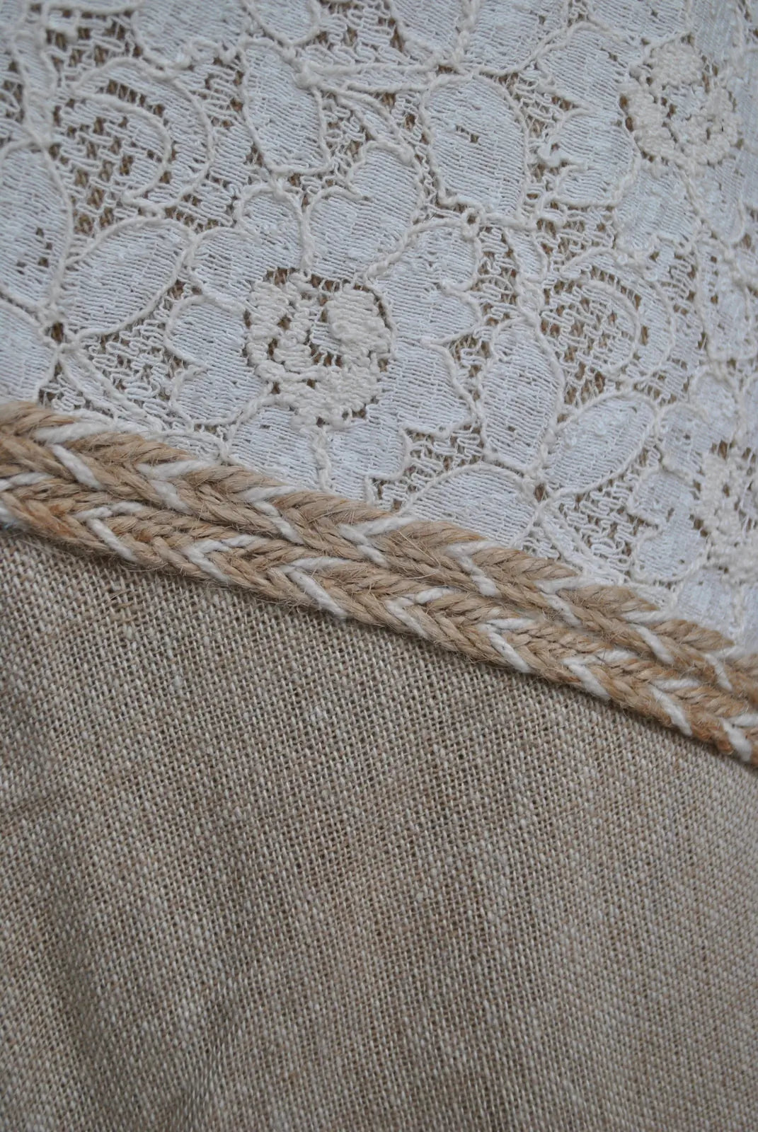 Close-up of Banda skirt showing cotton lace panel, natural jute blend fabric and braided trim detail