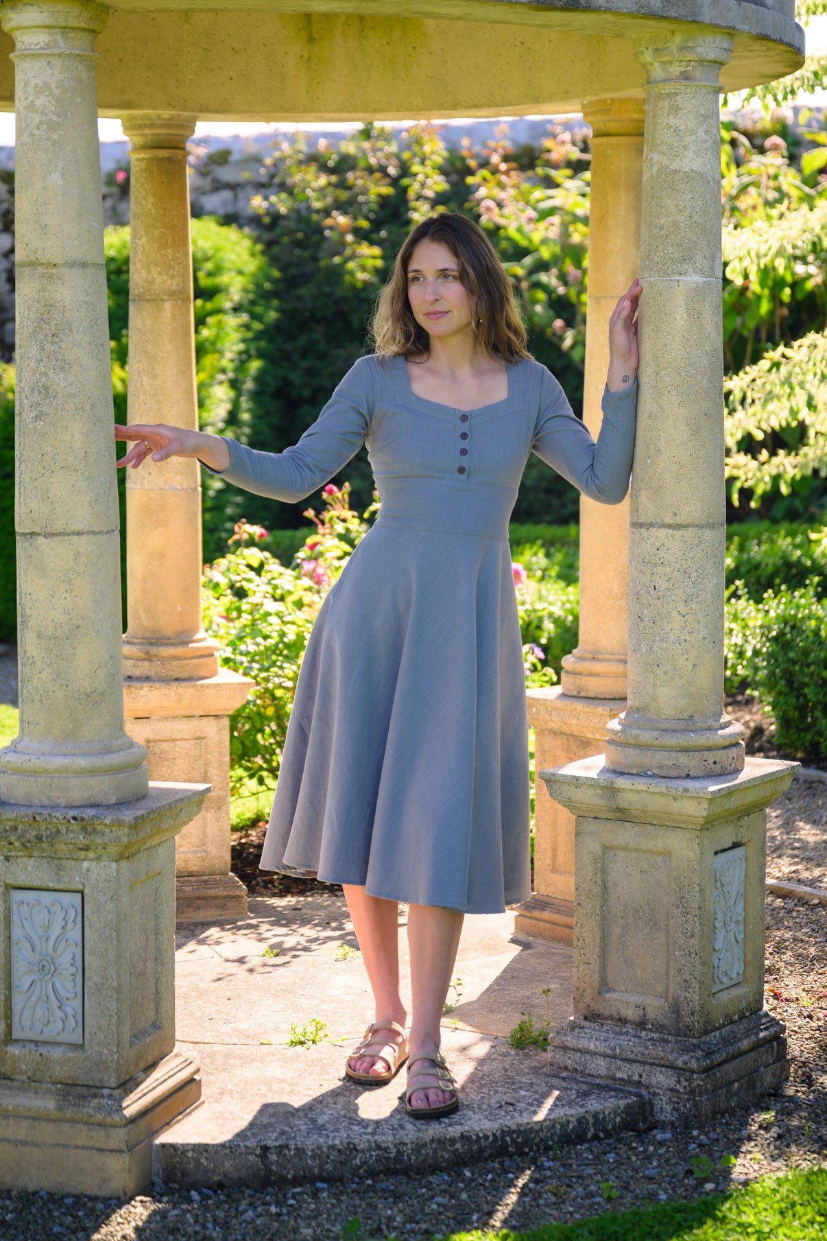 blue long sleeve midi dress V-Neck Micro Ruffle calf length Virlen Womens Long Sleeve Printed