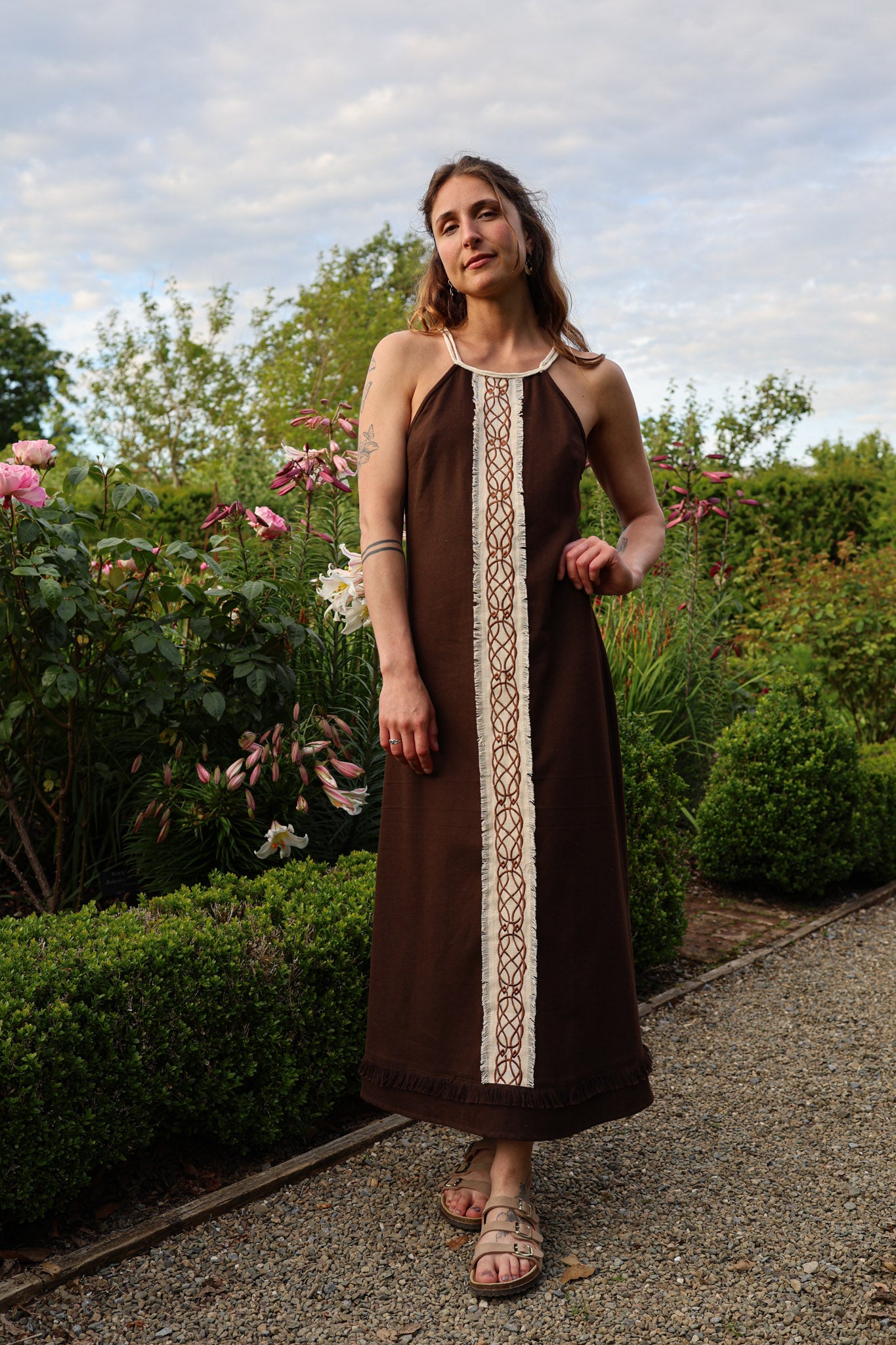 Brown boho maxi dress with rope tie back and Celtic knotwork embroidery 2XL