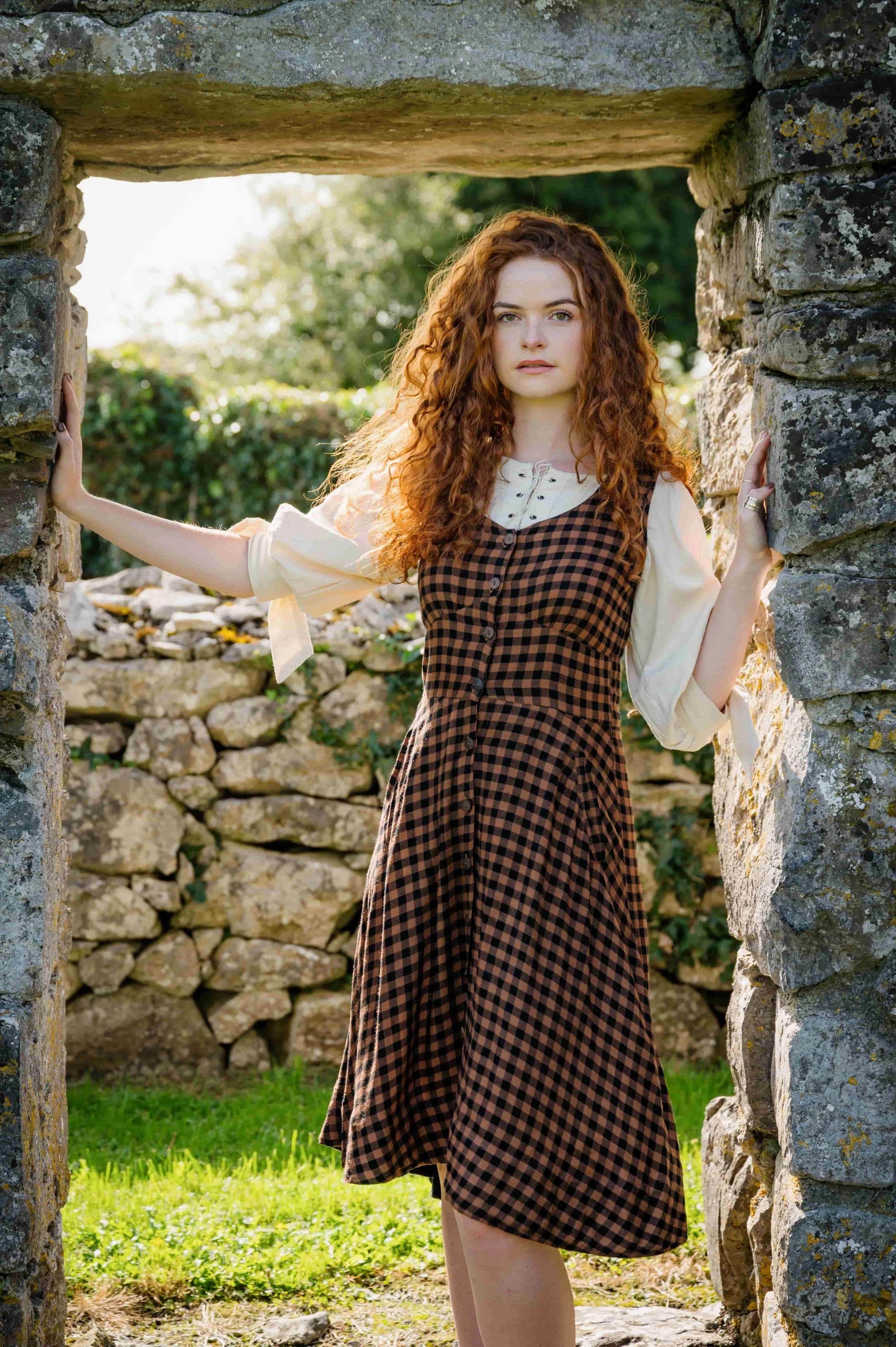 brown check dress button up Black