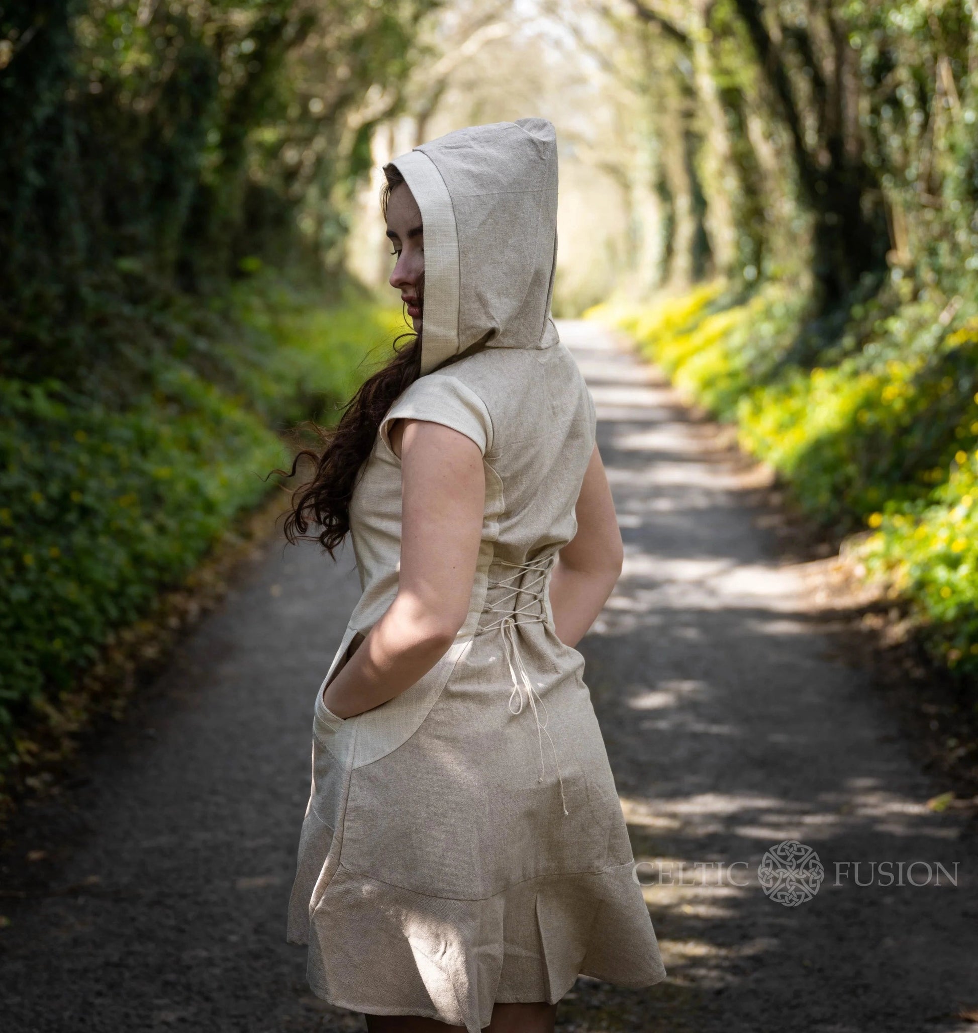 Beige Hooded Dress with Pockets and Corset Back – celticfusiondesign
