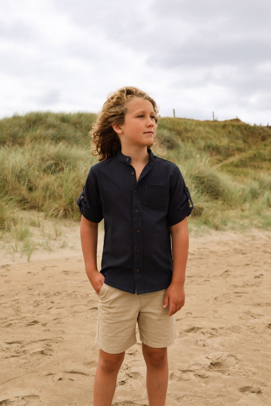 Blue Boys Celtic Shield Grandad Collar Shirt with short sleeves, chest pocket and full button-up front.