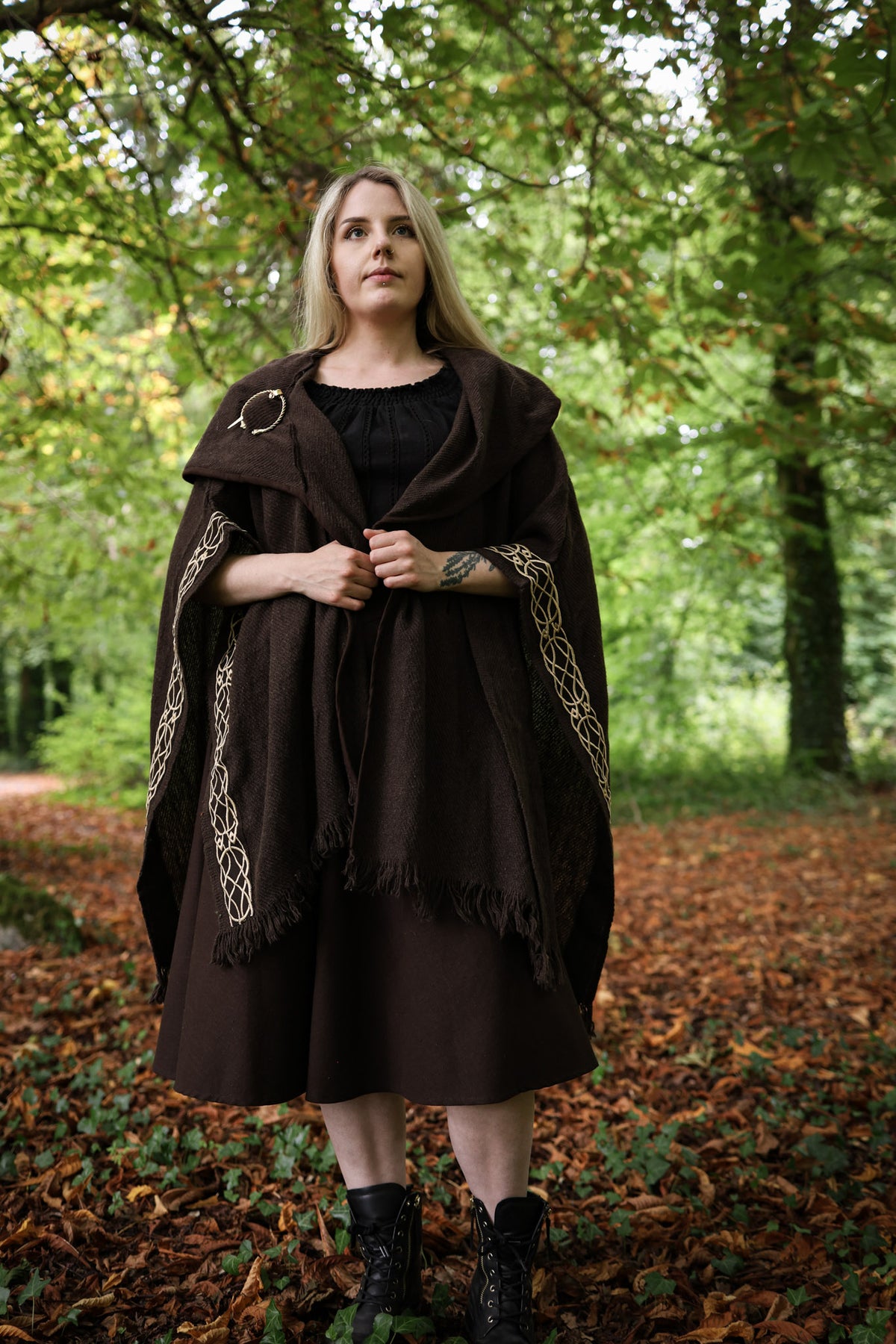 Unisex Dark and Earthy Wicca Druid Cape with Belt and golden Celtic knot embroidery by Celtic Fusion Design