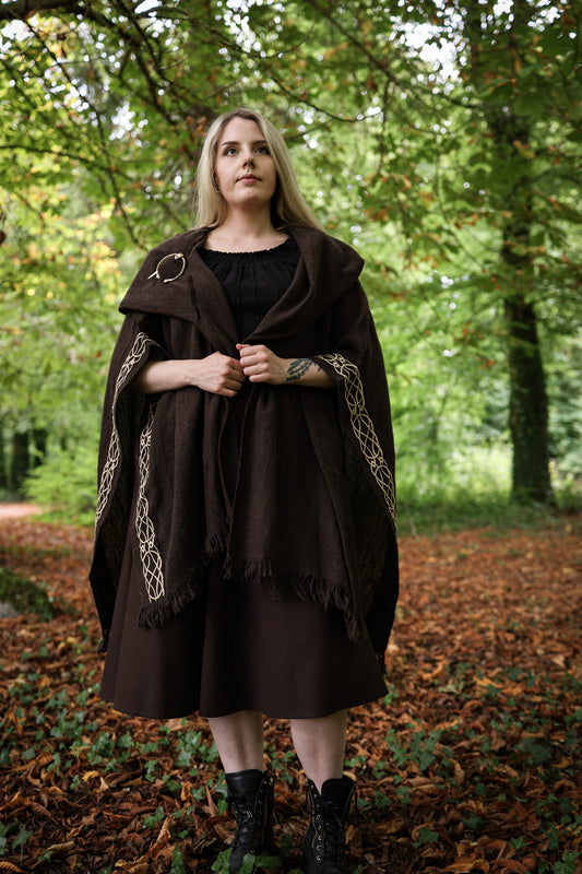 Unisex Dark and Earthy Wicca Druid Cape with Belt and golden Celtic knot embroidery by Celtic Fusion Design