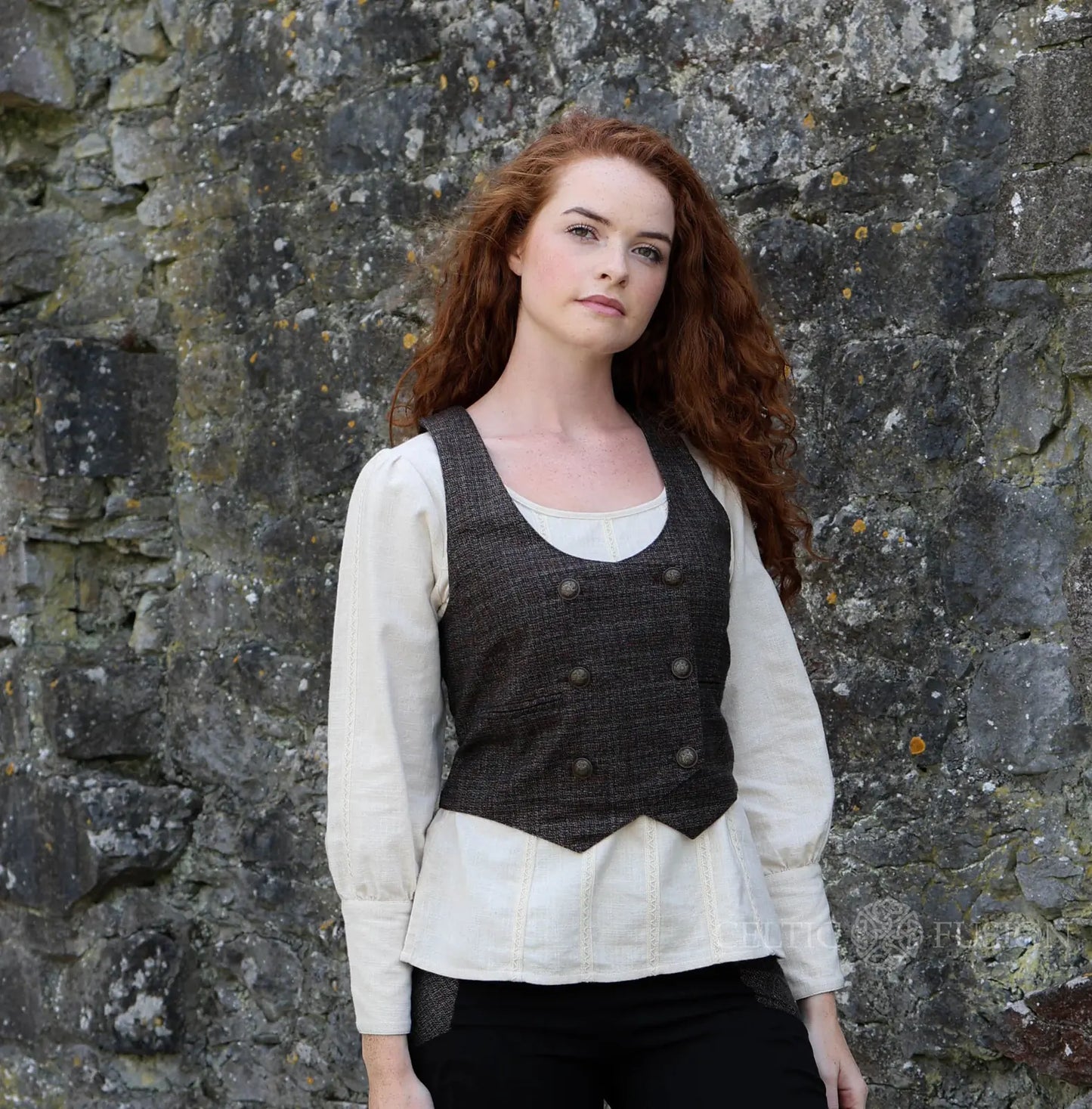 Brown tweed Oak Corset Vest for women with structured shape and elegant double-breasted brass button front designed by Celtic