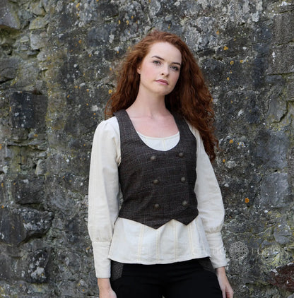 Brown tweed Oak Corset Vest for women with structured shape and elegant double-breasted brass button front designed by Celtic