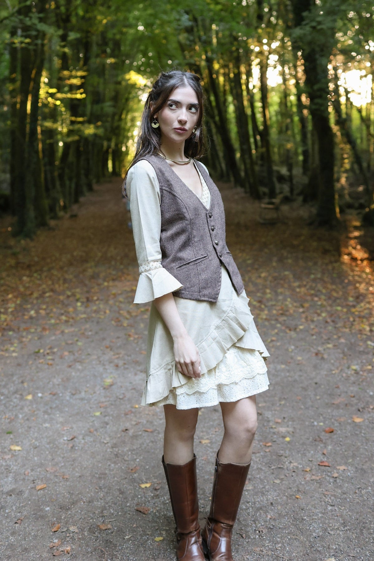 Brown women’s tweed vest layered over cream folklore clothing for rustic Celtic-inspired styling