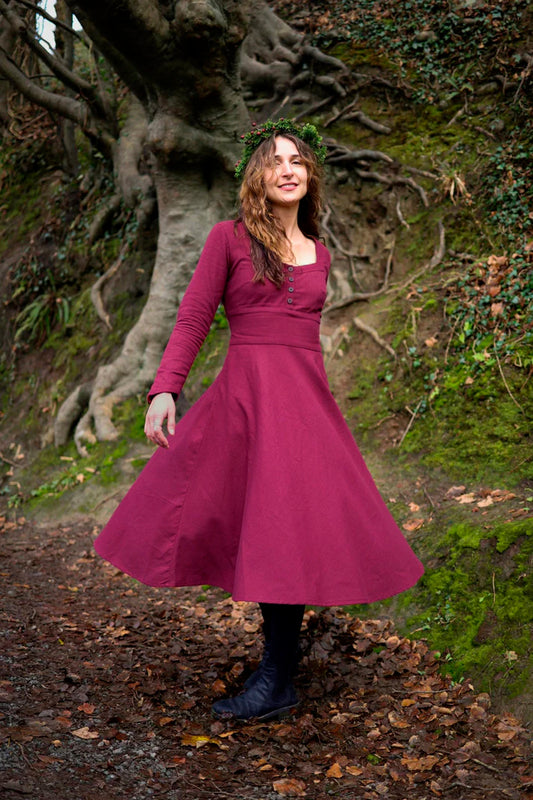 Berry red Imbas Corset Dress with pockets twirling in the forest, romantic folklore midi dress with long sleeves and square neckline