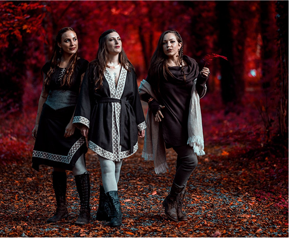 Celtic Fusion Design women’s folklore and Celtic clothing collection, Irish designer dresses, shawls, capes and Celtic Irish Jewellery styled in a woodland setting