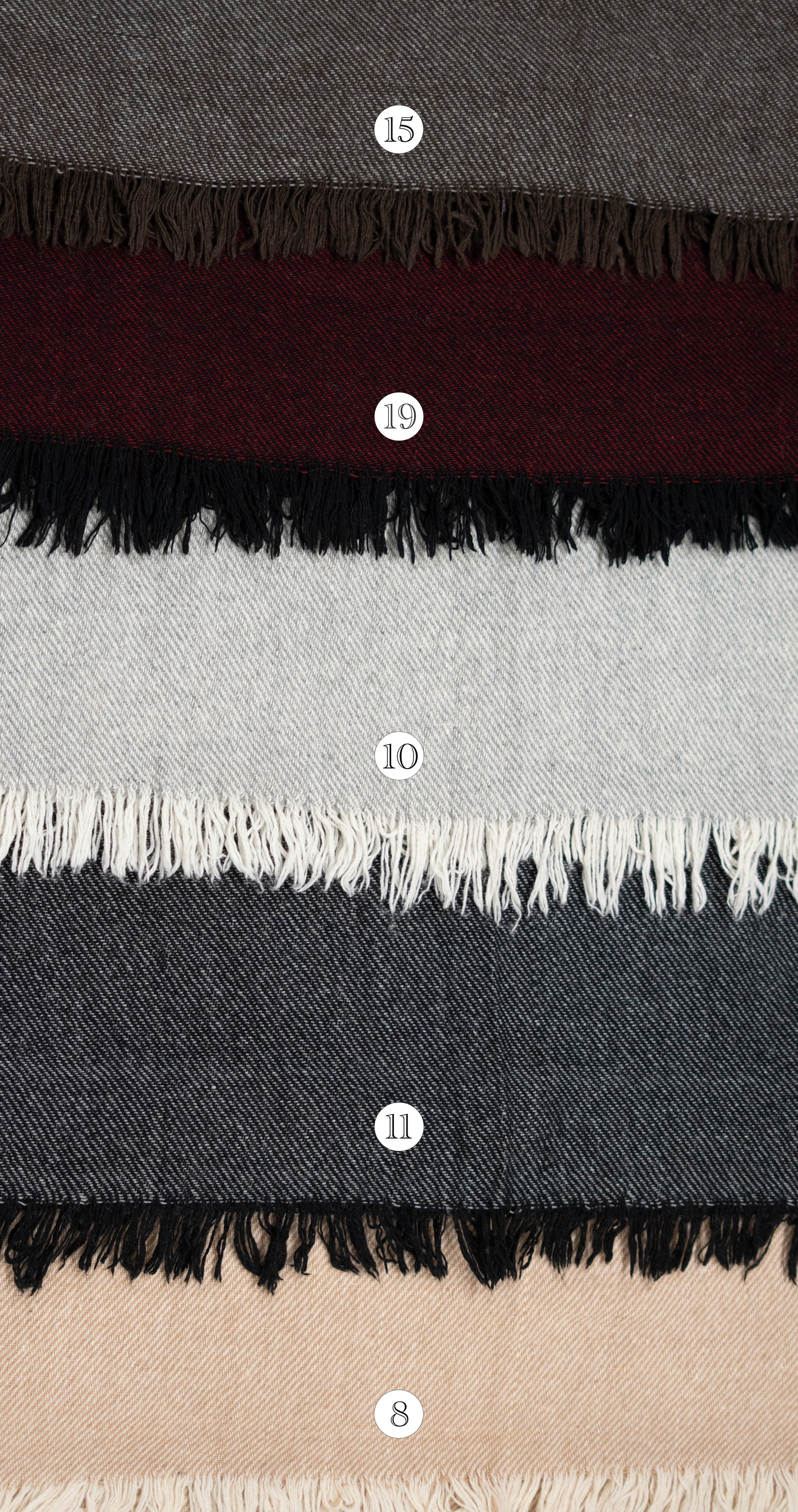 Available colour options for handwoven shawl in woven natural-look fabric wool blend by Celtic Fusion