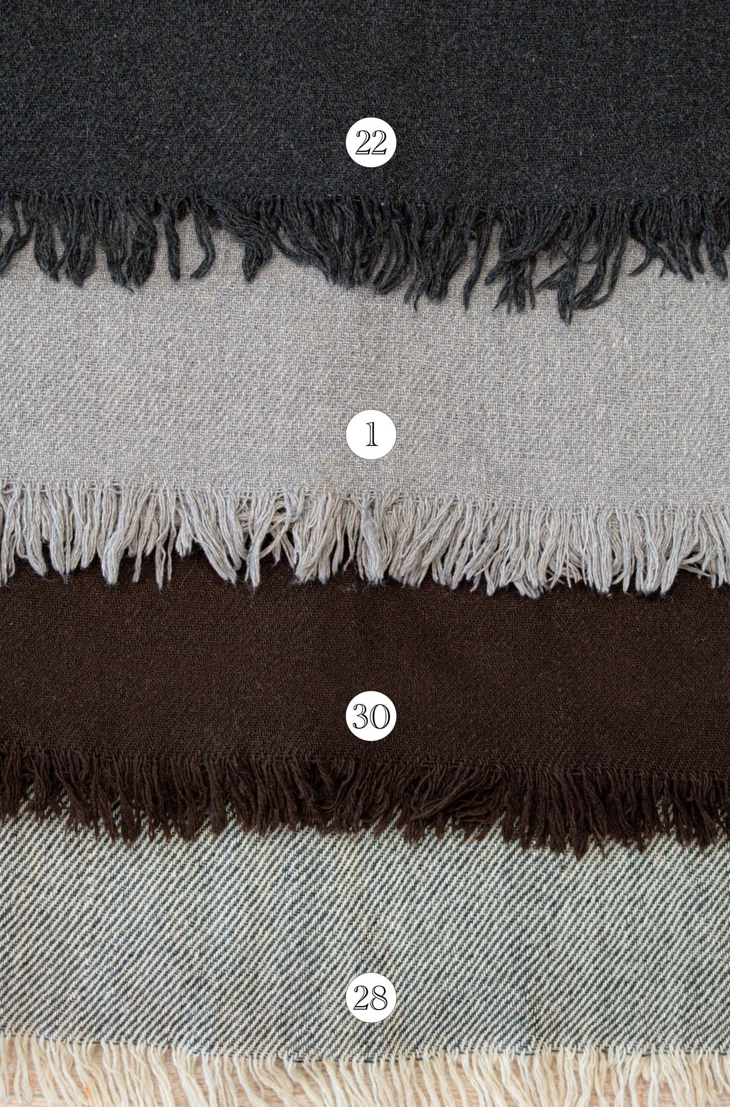 Available colour options for handwoven shawl in woven natural-look fabric wool blend by Celtic Fusion