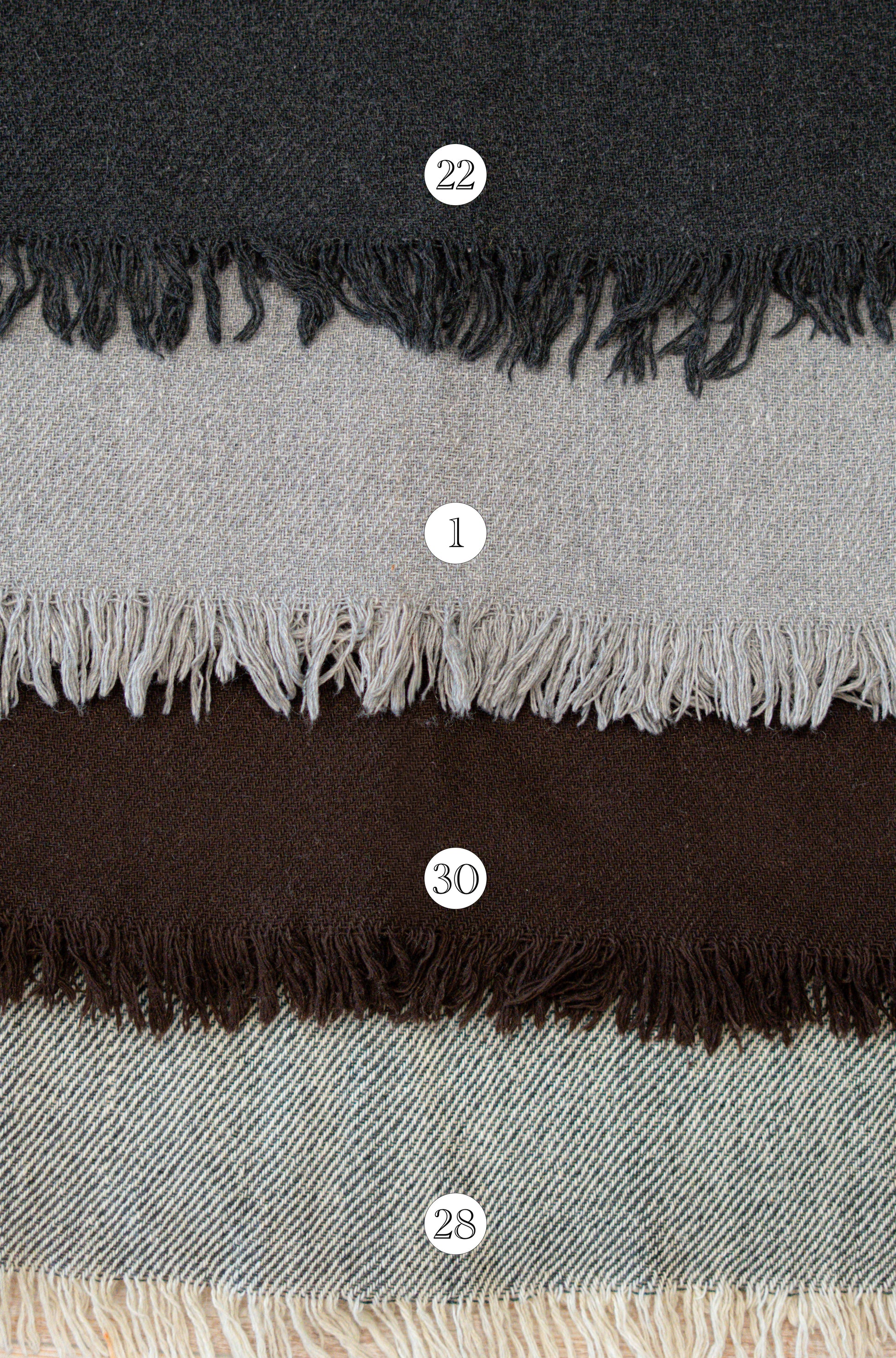 Available colour options for handwoven shawl in woven natural-look fabric wool blend by Celtic Fusion