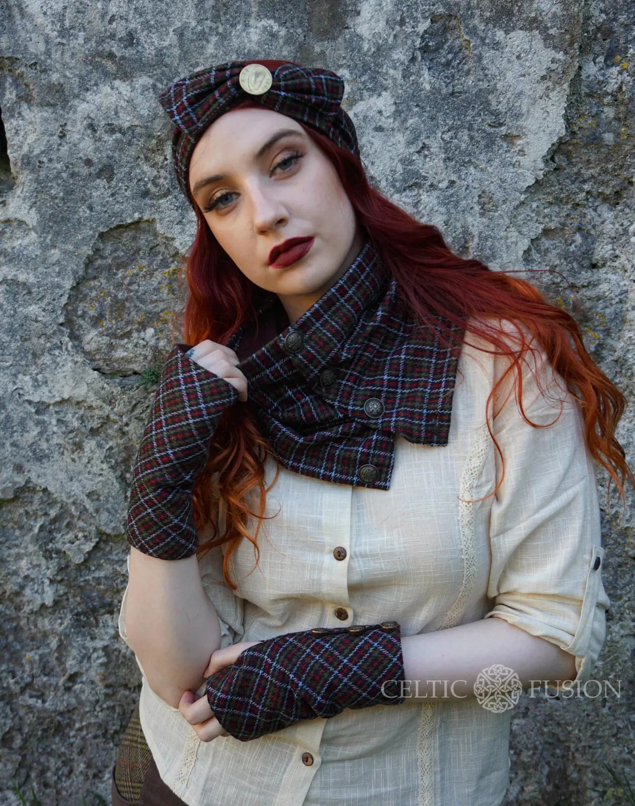 Celtic tartan tweed headband and matching collar scarf set with harp pin detail and button neck closure