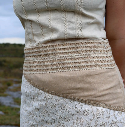 Earthy boho maxi skirt in cotton lace and cotton jute blend with asymmetrical patchwork design and natural fibre tones