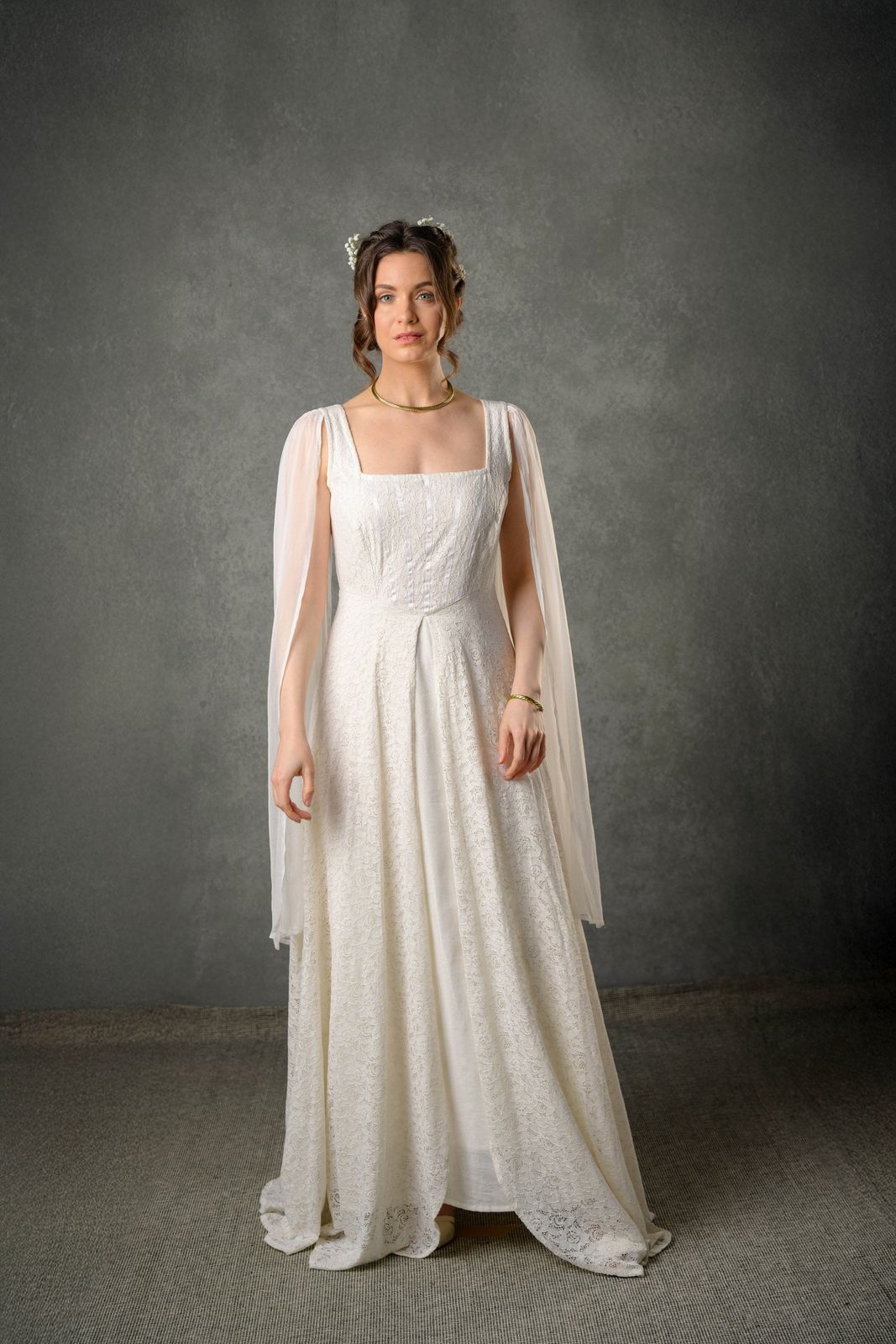 Fairytale wedding dress with detachable sleeves ethically made with natural cotton Ivory lace