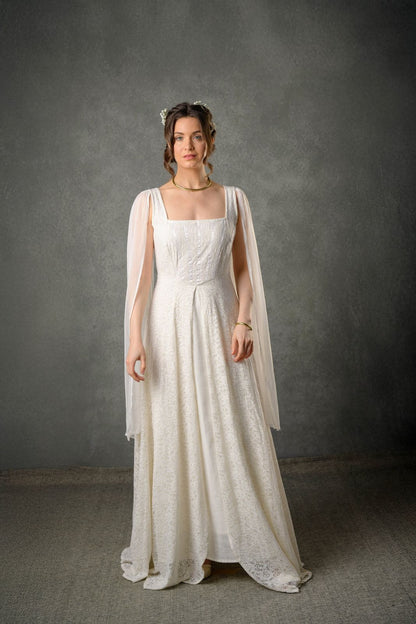 Fairytale wedding dress with detachable sleeves ethically made with natural cotton Ivory lace