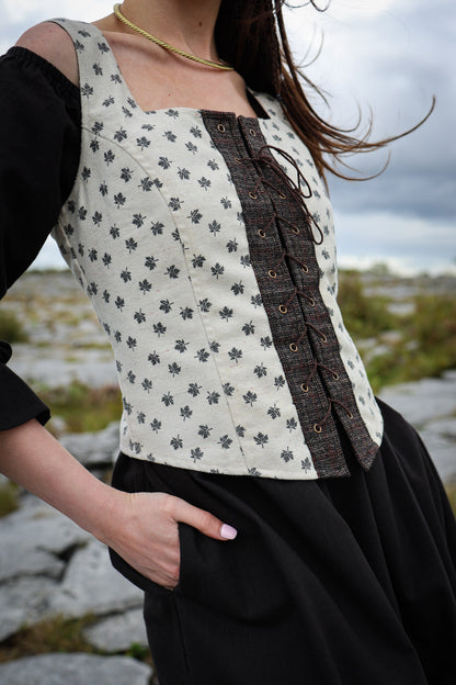 Folklore Leaf Print Lace up Bodice Layering Corset Top for Women designed by Celtic Fusion