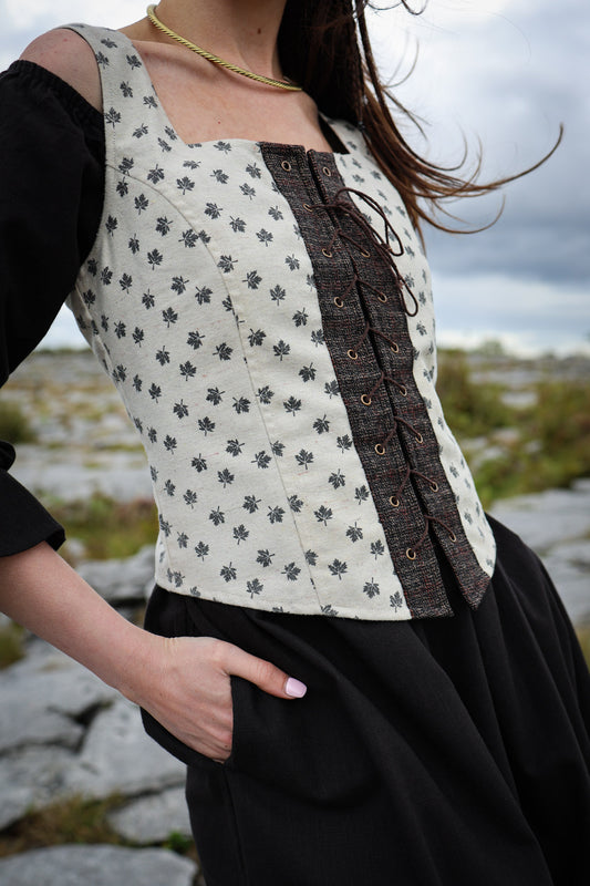 Folklore Leaf Print Lace up Bodice Layering Corset Top for Women designed by Celtic Fusion