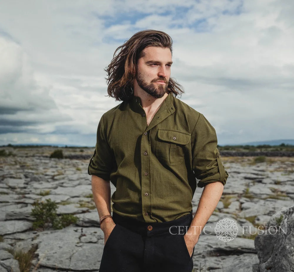 Green collarless shirt for men front view of Irish Celtic Clothing for men with chest  pocket and full button down shirt