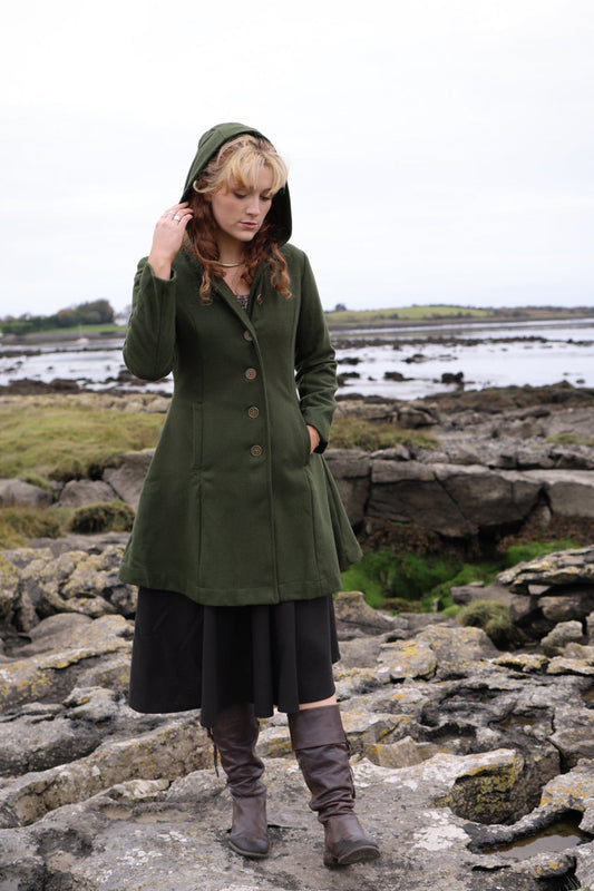 Green hooded coat for women in a dark green wool blend, shown in a full front view with tailored fit, button front, and pockets