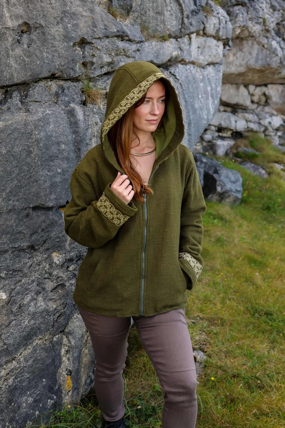 Olive green Cernunnos Celtic knotwork jacket with deep hood, front zip, side pockets and golden embroidery on hood and cuffs.