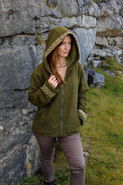 Olive green Cernunnos Celtic knotwork jacket with deep hood, front zip, side pockets and golden embroidery on hood and cuffs.