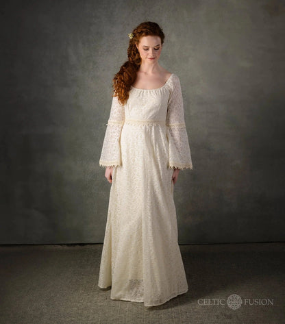 Front studio view of the Bébhinn Boho Lace Wedding Dress, Irish Celtic bridal gown in sustainable cotton lace by Irish designer Regina Tierney