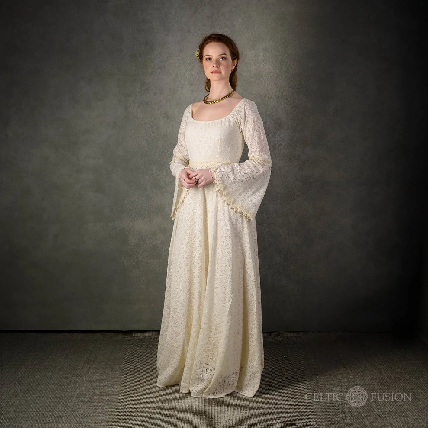 Bébhinn Boho Lace Wedding Dress in studio, Irish Celtic bridal gown with bell sleeves and soft boho silhouette.