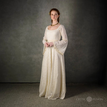 Bébhinn Boho Lace Wedding Dress in studio, Irish Celtic bridal gown with bell sleeves and soft boho silhouette.