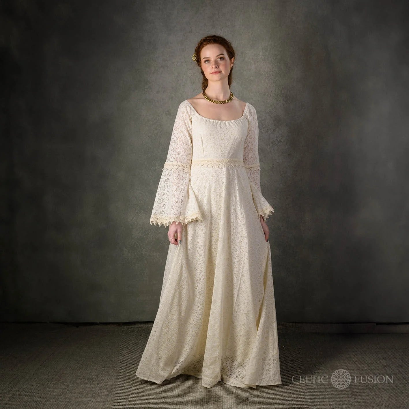 Bébhinn Boho Lace Wedding Dress, Irish Celtic bridal gown in sustainable cotton lace with bell sleeves, front studio view.