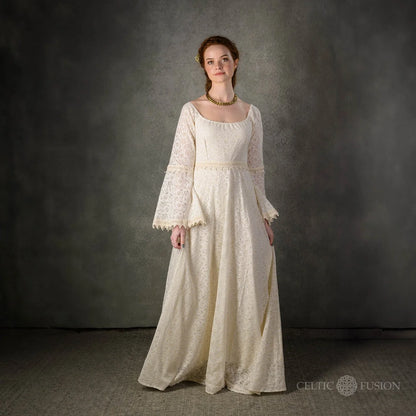 Bébhinn Boho Lace Wedding Dress, Irish Celtic bridal gown in sustainable cotton lace with bell sleeves, front studio view.