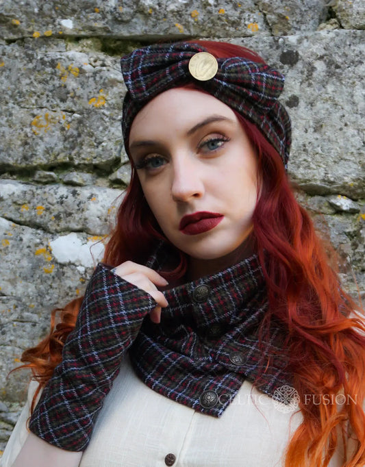 Irish designer tartan headband and matching collar scarf in tweed with soft fleece lining and folklore styling