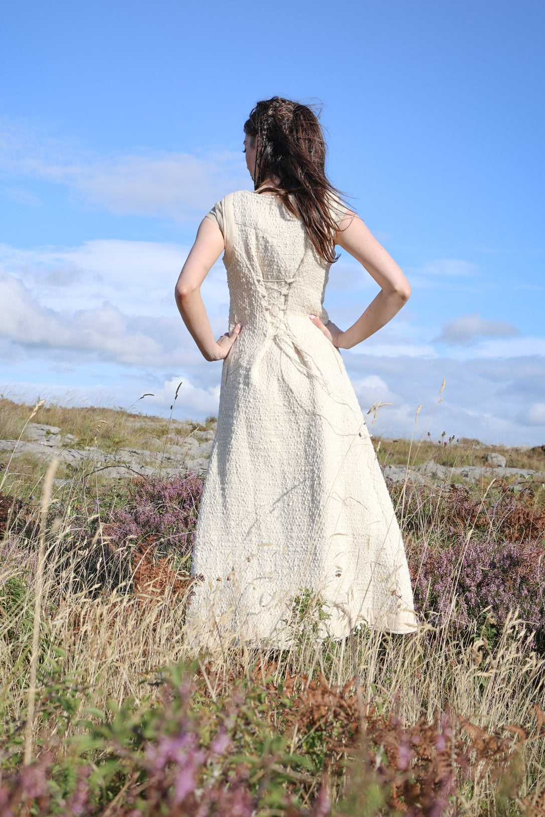 Ivory corset back vest showing adjustable lacing and the shaped waist designed by Celtic Fusion Clothing