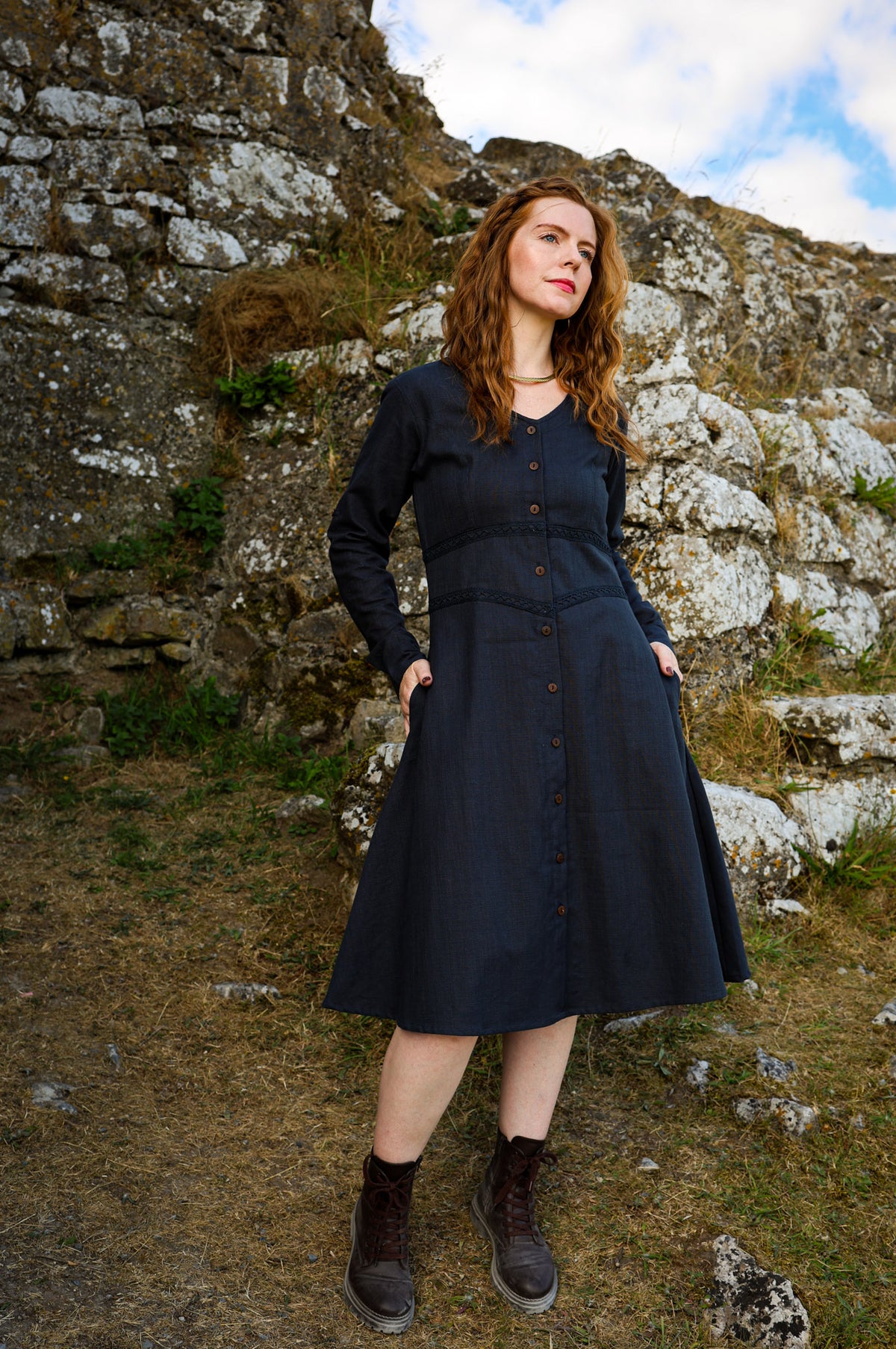 Midi Dress with Pockets – Blue Button Front Dress with Rollable Sleeves