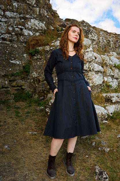 Midi Dress with Pockets – Blue Button Front Dress with Rollable Sleeves