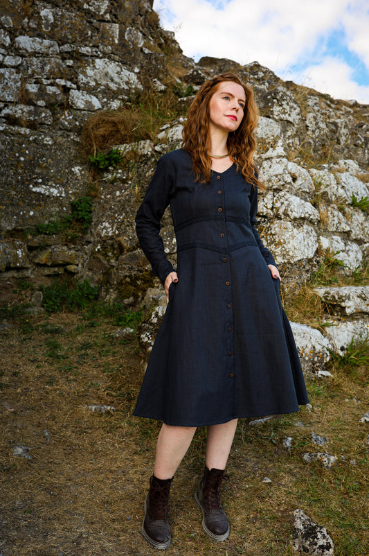 Midi Dress with Pockets – Blue Button Front Dress with Rollable Sleeves