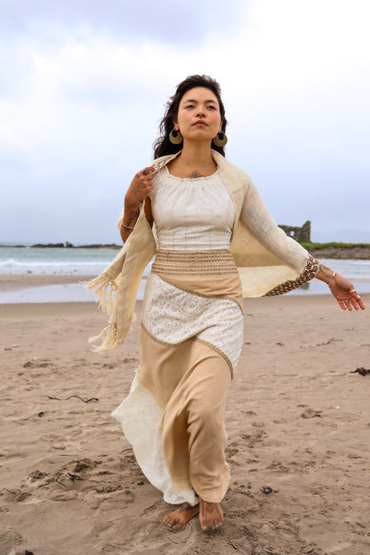 Natural boho skirt with earthy textures, patchwork style maxi skirt design in undyed cotton lace and jute styled in a coastal setting designed by Celtic Fusion