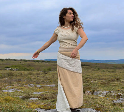 Natural fibre folklore skirt with undyed cotton lace, jute blend panels and long flowing patchwork shape