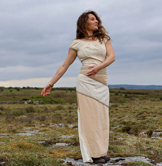 Natural fibre patchwork maxi skirt in undyed cotton lace and jute blend with wide jute waistband and raw elegant texture