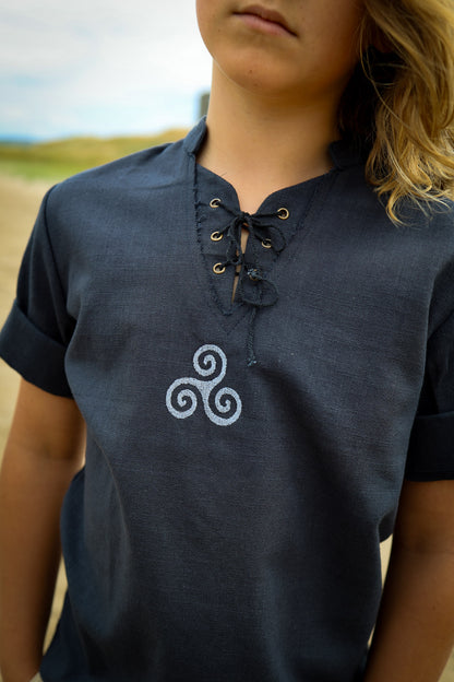 Navy blue Triskele embroidered folklore shirt for boys with lace-up neck and soft woven fabric.