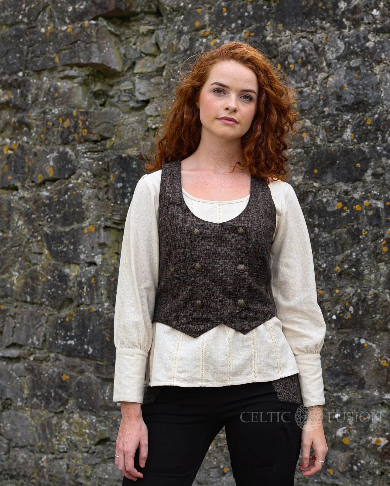 Oak Corset Vest in brown tweed with brass buttons and vintage styling by Irish designer Celtic fusion