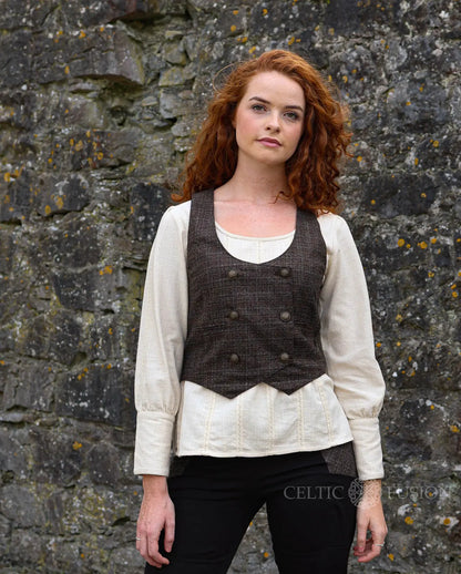 Oak Corset Vest in brown tweed with brass buttons and vintage styling by Irish designer Celtic fusion