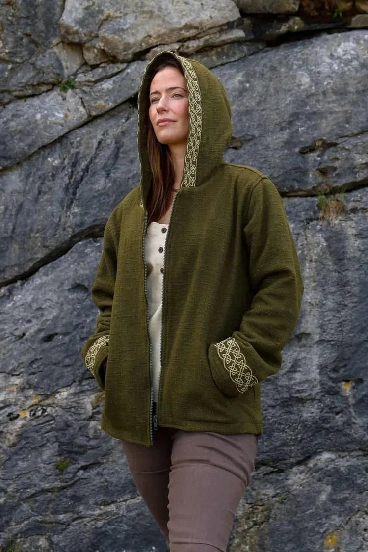 Olive green Cernunnos folklore jacket with fleece lining, deep hood, front zip and Celtic knotwork embroidery.