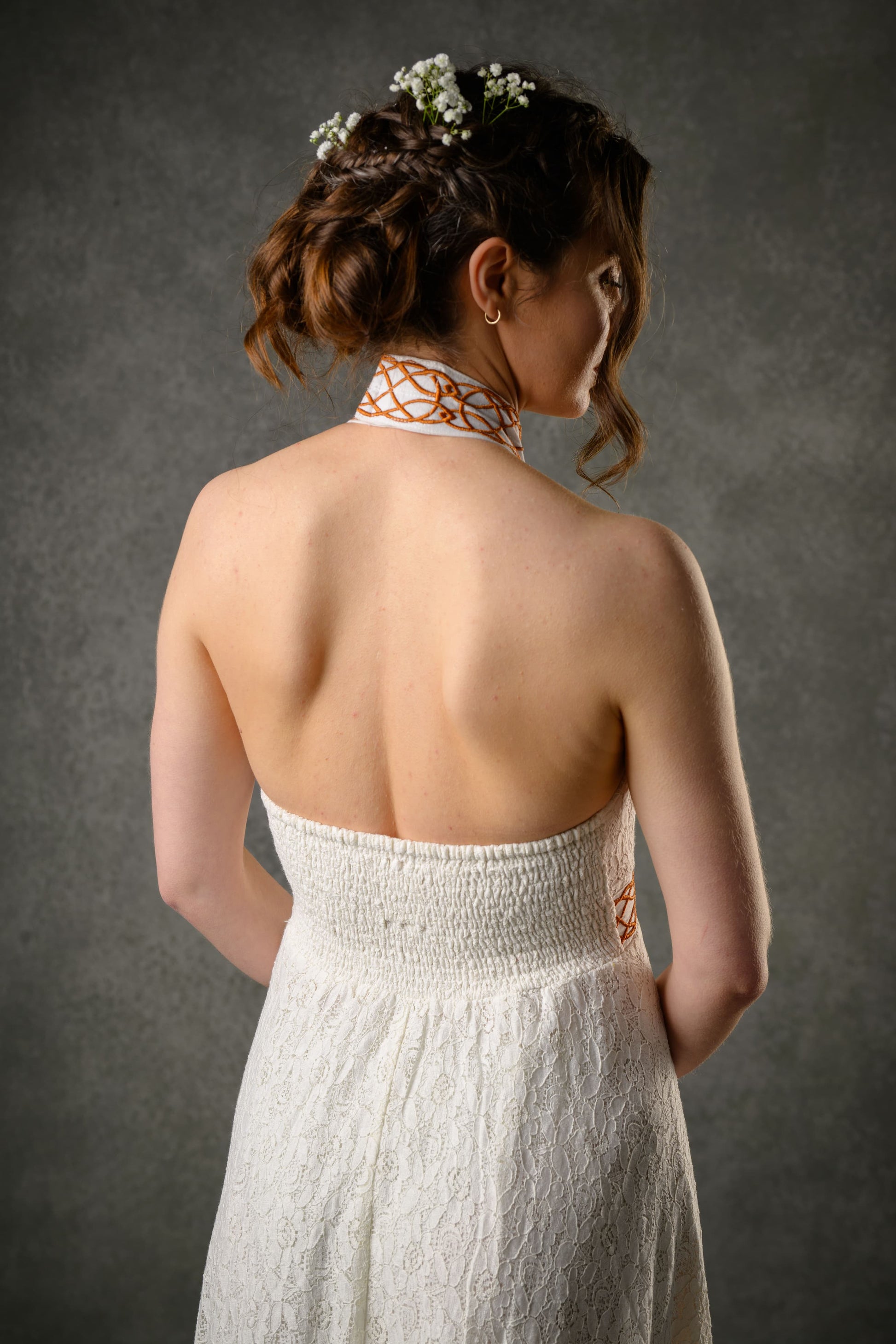 modern celtic wedding dress Boho Fairy Celtic deep v wedding dress with Cap Sleeves, Sheer Neckline, and Backless Design