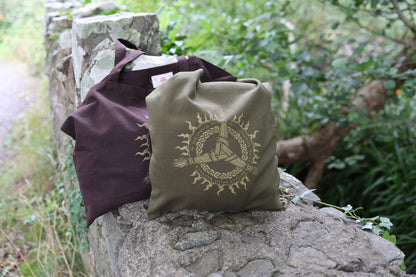 Reusable Brigid Celtic Tote Bag styled outdoors, made from textile offcuts from clothing production.