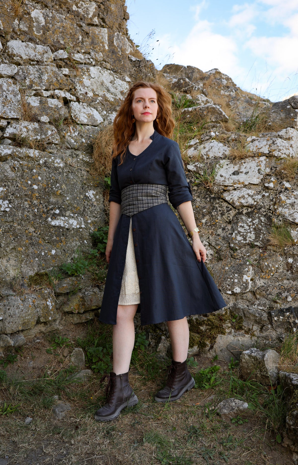 Midi Dress with Pockets – Blue Button Front Dress with Rollable Sleeves