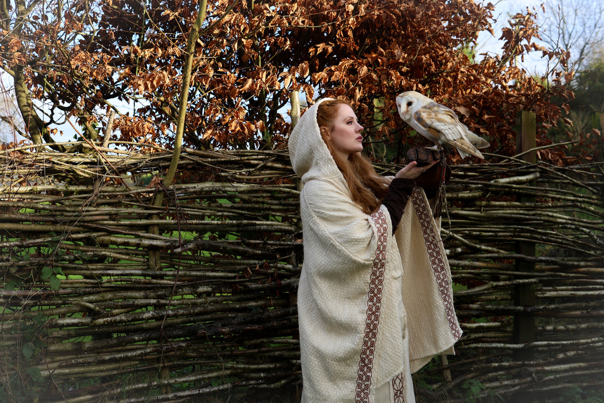 Ethereal Celtic designer clothing  woman in white cape with owl