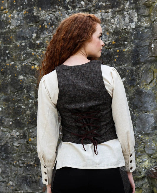Oak Corset Vest with adjustable lace-up corset detail in brown woollen tweed