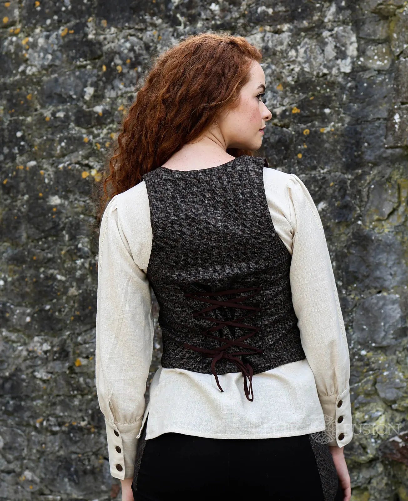 Oak Corset Vest with adjustable lace-up corset detail in brown woollen tweed